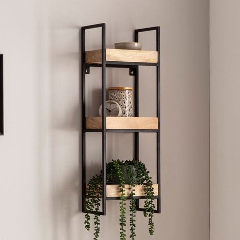 Etagère murale 27x18x77 cm en manguier naturel et fer noir