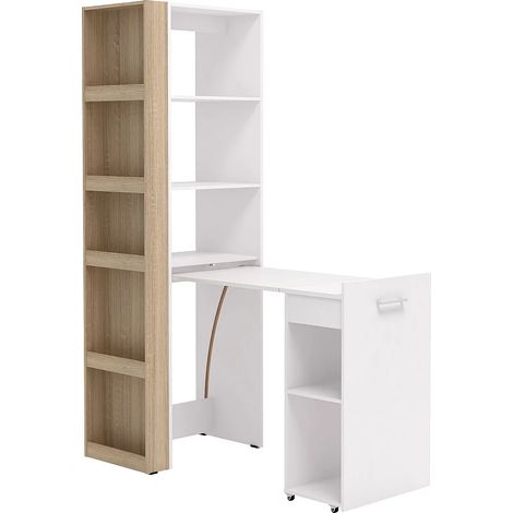 Vente-Unique – Bureau d'angle bibliothèque modulable 10 niches – Mdf et panneau de particule – Longueur 61.8 cm – Hauteur 180 cm – Coloris blanc et naturel (1/5)