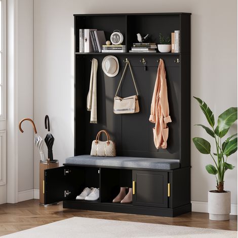 Garderobenständer 120x40x191 cm schwarz aus Spanplatte mit Sitzbank, Schuhregal und 6 Dreifachhaken (1/5)
