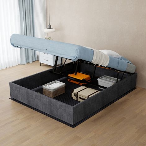 Struttura letto moderna e semplice, 140200 cm, grigia, in tessuto di velluto olandese, con meccanismo a gas, complemento d'arredo moderno per camera da letto. Testiera e materasso non inclusi. (1/5)