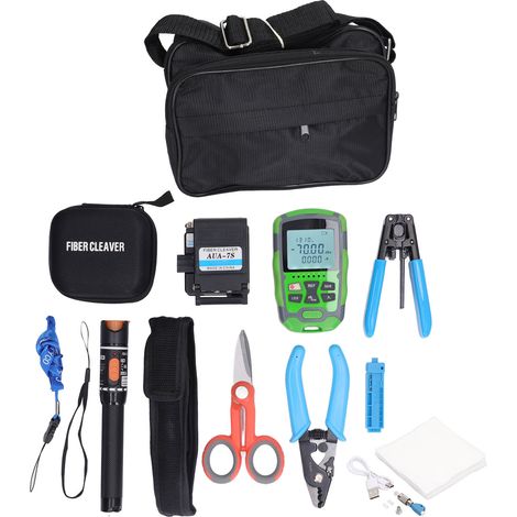 Kit d'outils pour épissure de fibre optique FTTH : pince à trois broches, ciseaux, adaptateur FC-LC, mini wattmètre optique AUA-MC7, stylo lumineux rouge 10 km, outil de coupe AUA-7S. (1/5)