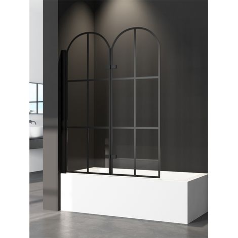 Duschwand für Badewanne 120x140 cm 2-teilig Faltbar Badewannenfaltwand, Badewannenaufsatz Schwarz Duschtrennwand, Gewölbter Schwarzer Duschabtrennung mit 6mm ESG Sicherheitsglas