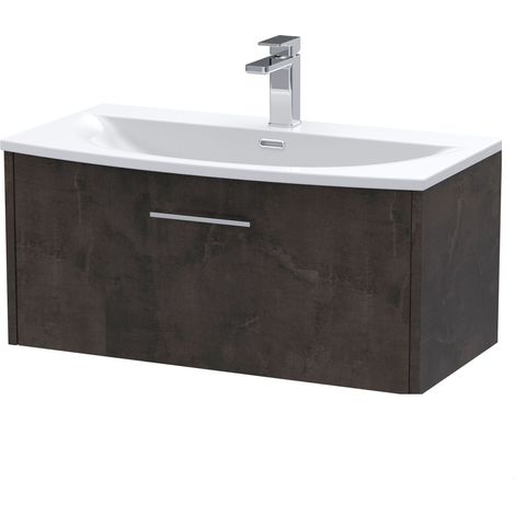 Winshill Contemporary 1 Drawer Wall Hung Vanity Unit with Curved Basin, Metallic Slate, 800mm