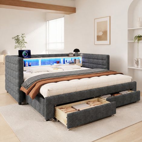 MEUBLIV Letto 90x190 cm grigio – divano letto estensibile LED con contenitore, senza materasso (1/5)