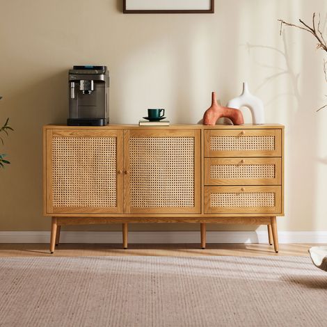 Buffet 2 portes 3 tiroirs 150x40x75 cm avec cannage naturel - LOUNEA
