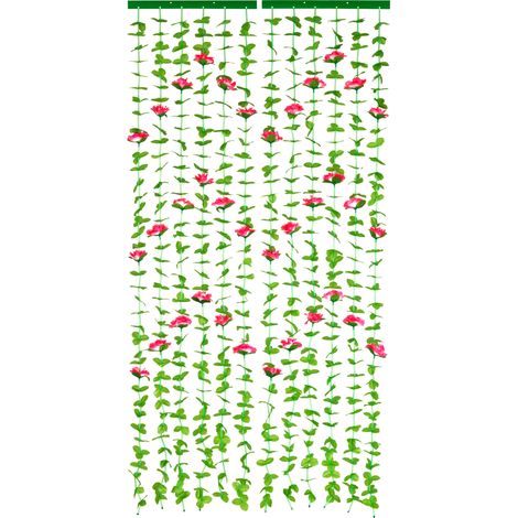 Rideau de porte motif Feuilles et Roses WENKO, Rideau anti insectes, Fabriqué à la main, Fixations autoadhésives, Polyester,90x190 cm, Vert et rose