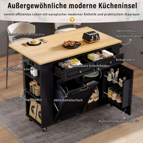 Îlot de cuisine roulant, table extensible avec rangement poubelle et porte-serviettes, chariot mobile avec multiprises, parfait pour cuisine et salle à manger (Noir) (1/5)