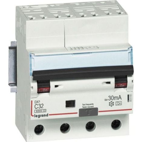 Disjoncteur différentiel monobloc DX³6000 10kA arrivée haute automatique départ bas à vis 4P 400V - 32A - typeA 30mA - LEGRAND