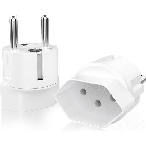 Adaptateur de voyage 2 pièces Suisse vers EU prise de voyage, type J vers Schuko, adaptateur 3 broches Suisse à 2 broches DE/FR/IT/ES (blanc) (1/5)
