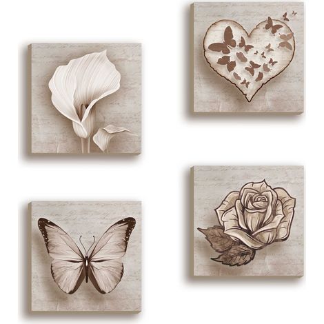 Lupia - Set 4 Quadri Moderni Shabby su Carta Telata, Pronti da Appendere, Decorazione Originale per Cucina e Ufficio, 16x16 cm, Carta, Idea regalo bomboniera, farfalla calla rosa e cuore
