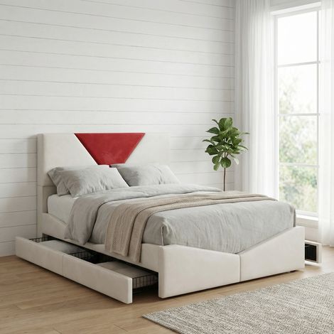Letto adulto 140x190, 4 cassetti, letto matrimoniale, struttura in velluto e metallo, dal design moderno con motivo triangolare a contrasto, beige