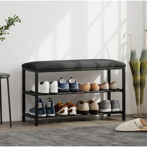 Schuhbank mit gepolsterter Sitzfläche und 2 offenen Ablagen 81 x 31 x 50 cm Schwarz OKWISH (1/5)