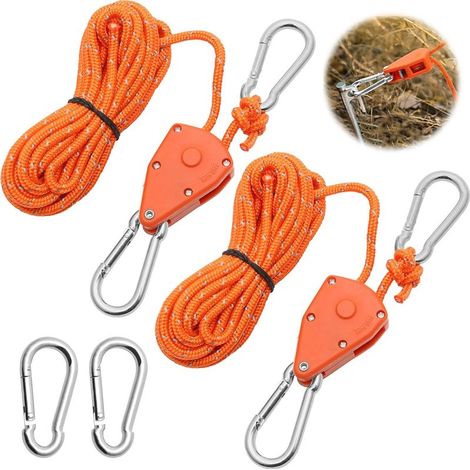 2 piezas de cuerda de trinquete ajustable de 4 m, naranja, polea de trinquete de 1/8 con 2 ganchos de repuesto, tensor de cuerda de trinquete reflectante para lámparas, plantas, tiendas de campaña, se (1/5)