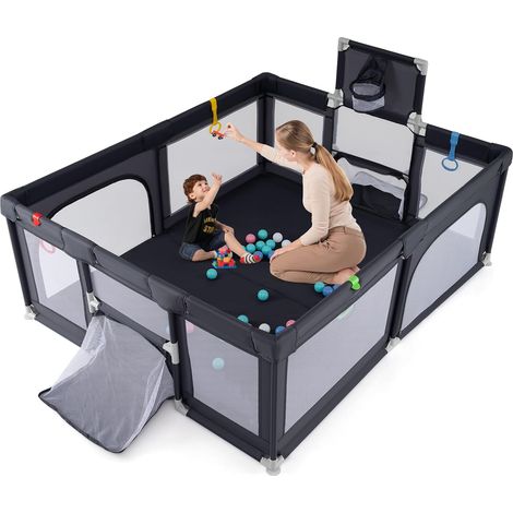 GOPLUS Parc Bebe 188 x 157 cm, Parc Enfant Portable avec Panier de Basket, But de Football, 50 Balles Océaniques, 4 Anneaux, Sac de Transport, Centre d'Activités pour 0-36 Mois (Gris Foncé)