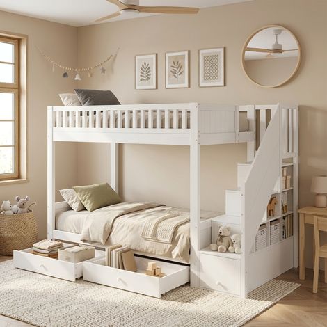Lit superposé enfant 2 places 90x200 cm - lit avec rangement, escalier, 2 tiroirs et barrières de sécurité - bois/MDF - Blanc (1/5)
