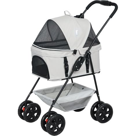 Poussette 3 en 1 pour animaux de compagnie pliable pour chien chat 4 roues panier amovible grise