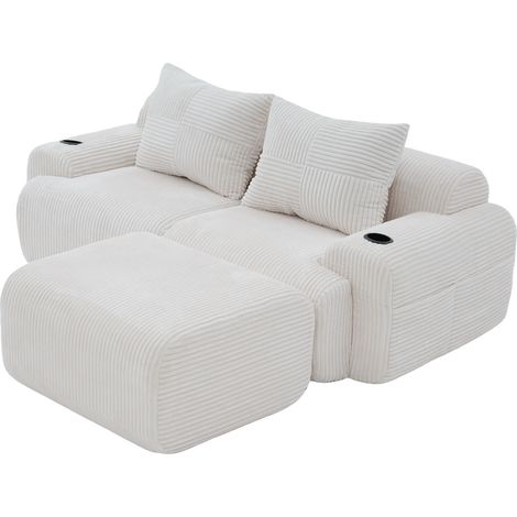Canapé modulaire en velours côtelé 2 places avec poufs, entièrement modulable, avec porte-gobelet et poche de rangement latérale, idéal pour le salon, la salle familiale et d’autres pièces - beige (1/5)