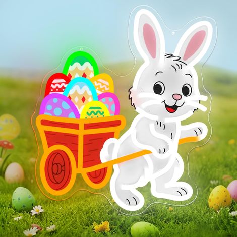 Lampe lumineuse néon lapin de Pâques, intensité variable, lapin de Pâques portant un chariot d'œufs, mur, guirlande lumineuse LED joyeuses Pâques (1/5)