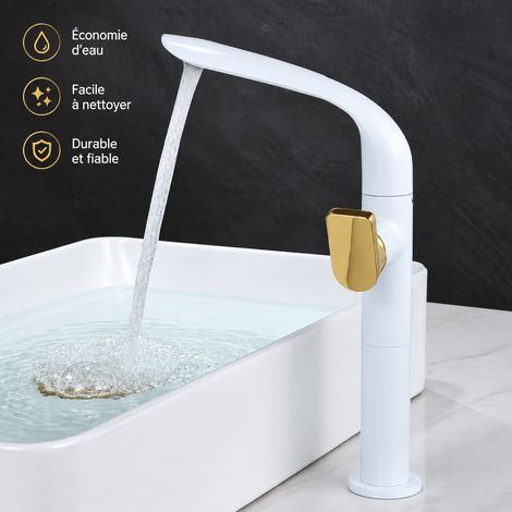 Mitigeur lavabo blanc et doré pivotant - modèle haut feuille, robinet vasque laiton 41 × 26,4 × 7 cm, 1,87 kg – Livraison gratuite