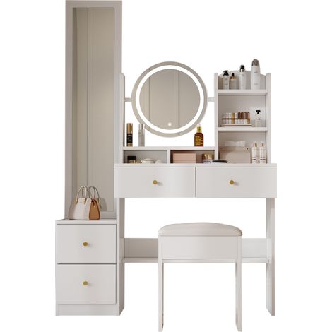 Coiffeuse 4-en-1 109x36x164 Cm Blanche — Miroir LED Tricolore, Miroir Pivotant 360° Et Rangement (1/5)
