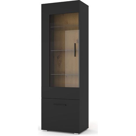 Bim Furniture – Vitrine debout 190 cm – Verre noir mat et chêne artisan – Étagères en verre réglables – Idéale pour style industriel et loft (1/8)