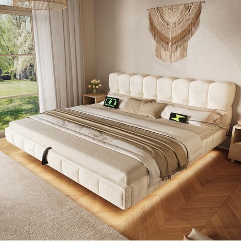 OKWISH Doppel-Polsterbett 180x200 cm mit Hydraulik-Stauraum und LED, Chenille Beige (1/5)
