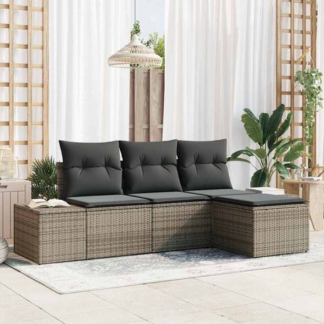 Garten-Sofa-Set mit Kissen mit Speicher 4 pcs Grau Poly-Rattan