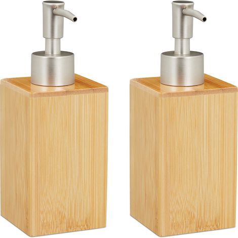 2x Distributeur de savon, rechargeable, bouteille à pompe, Bambou & plastique, 200 ml, bain, nature/argent (1/5)
