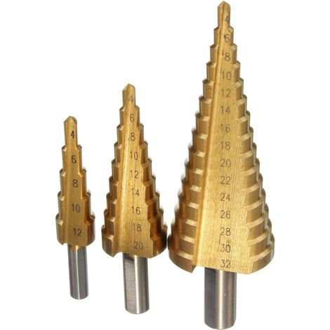 TrAdE Shop Traesio - Kit Set Fresa A Gradini Scalini Conica Hss 4-32 4-20 4-12 Mm Allargafori Punta -