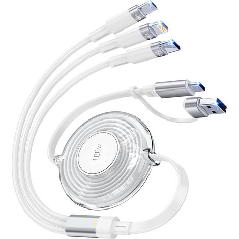 100W 6-en-1 Multi USB Câble de Charge, Rétractable USB C/Lightn-ing/Micro Multi Chargeur Câbles pour iPhones, iPads, MacBooks, Tablettes, Galaxy, Note et Plus - 1.2M 5A Charge Rapide & Portable, Blanc (1/5)