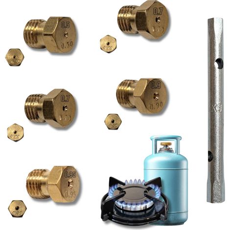Set 5 Ugelli Ricambio per Gas in Ottone per Gpl Bombola Gas Cucina Con Chiave a Tubo