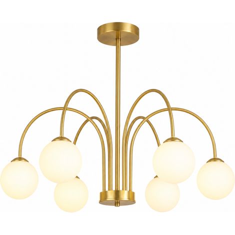 Lampadario Dorato Satinato con 6 Sfere in Plastica attacco G9, Plafoniera Moderna con Diffusori Opalini, Lampada da Soffitto per Soggiorno Camera Sala da Pranzo Design Elegante, Lampadine non incluse (1/5)