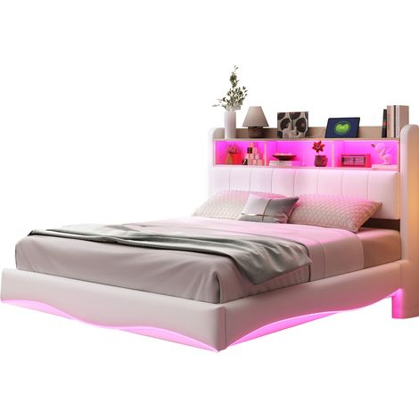 Lit rembourré suspendu 140 x 200 cm avec LED, ports USB et Type-C, rangement tête de lit, structure métal, tissu beige - CHICFURN (1/5)