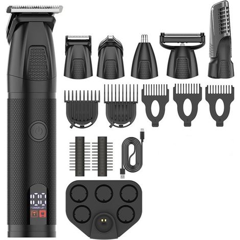Tondeuse à barbe pour homme - Tondeuse à barbe sans fil 6 en 1 - Étanche IPX6 - Avec écran - Peigne de coupe ajustable - Utilisation sur peau sèche ou humide - Tondeuse à barbe, corps et nez - Noire (1/5)