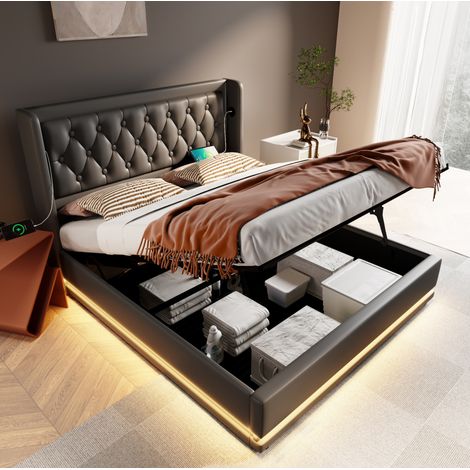 Lit double 180x200 cm en PU noir avec rangement hydraulique, LED 3 côtés et USB Type-C (1/5)