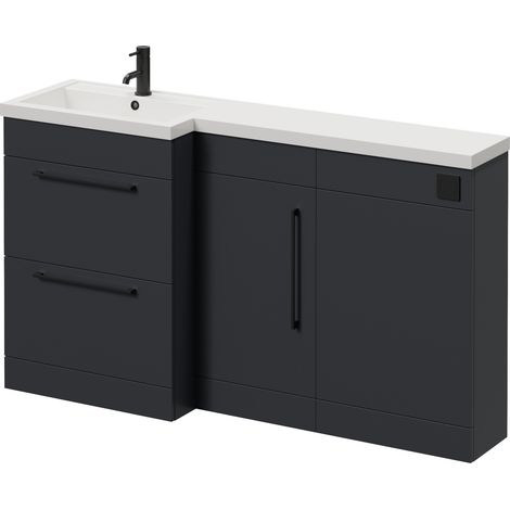 Napoli 390 Gloss Grey 1500mm 2 Drawer Vanity Unit Toilet Suite with Left Hand Square Lucia Basin - 1500mm - Matt Black 320mm HandleWithout Kingston Toilet Pan
