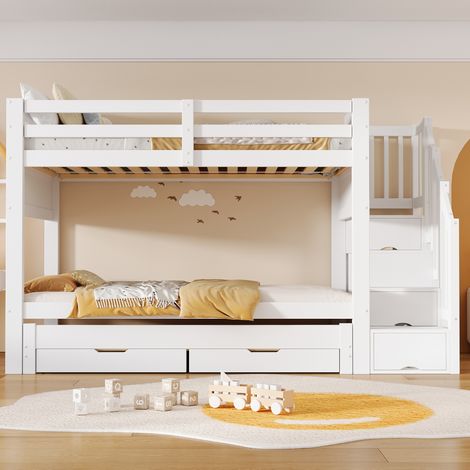 Lit superposé enfant 90x200 cm avec lit gigogne 90x190, escalier de rangement, 2 tiroirs et armoire, bois blanc (1/5)