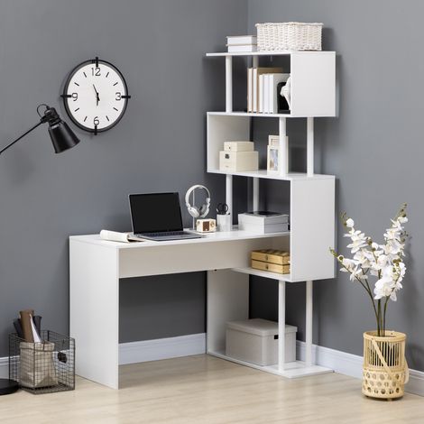 Bureau d'angle bureau informatique en forme de L avec étagères à 4 niveaux en bois 120 x 80 x 176 cm blanc