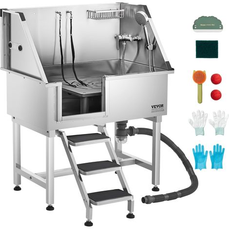 Baignoire de Chien Acier Inoxydable, Baignoire de Toilettage pour Animaux de Compagnie 96 cm Station de Lavage Chat, avec Escalier à Droite, Robinet, Pommeau de Douche, Porte-savon, Porte Gauche (1/5)