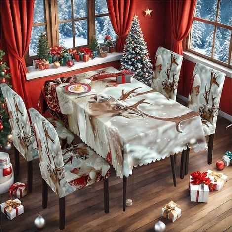 Nappe de Noël imprimée numériquement, en soie de lait, avec housse de chaise, ensemble TC-125 (140 x 210 cm, imperméable) (1/4)