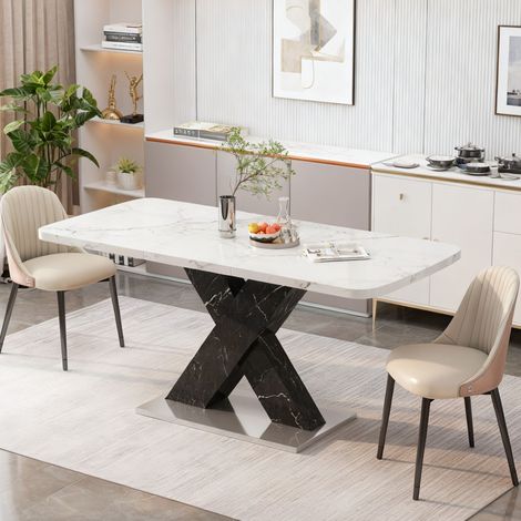 Table de salle à manger extensible - 120-160x80x76.5 cm - Table effet marbre blanc et pied noir en X - moderne - Blanc et Noir (1/5)