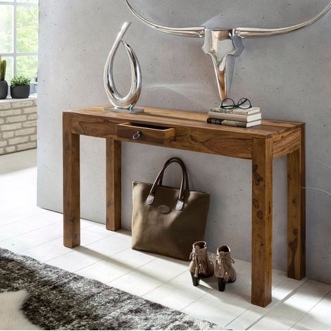 Console 1 tiroir en bois de sheesham massif 120x40x70 cm – Plateau rectangulaire – Tiroir central pour objets du quotidien – 13Casa