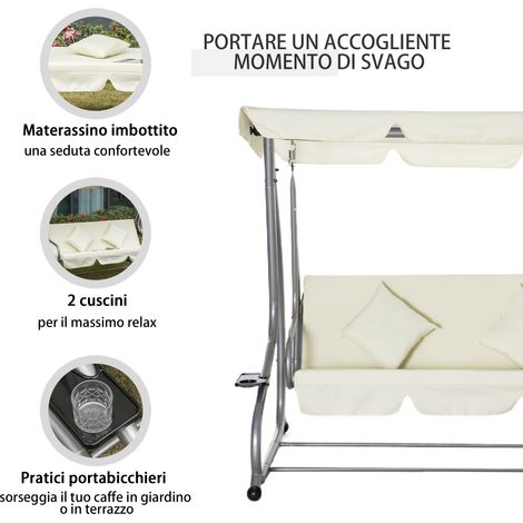 Dondolo balançoire 3 places 200x120x164 cm, beige, avec auvent ajustable et deux porte-gobelets, pour terrasse et jardin.