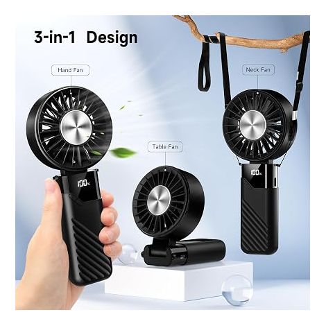 Ventilatore Portatile Pieghevole 3-in-1, Motore Silenzioso con Display LED e Batteria 4000 mAh, Design Moderno in ABS Nero, Ideale per Ufficio, Viaggi e Uso Esterno (1/5)