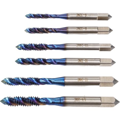 Jeu de 6 tarauds à filetage standard américain, à goujures hélicoïdales, revêtement nano bleu, pour queues rondes et carrées. (1/5)
