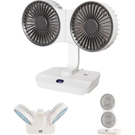 Ventilateur de bureau portable Werwing Mini à double tête rechargeable par USB avec lampe, rotation à 360° pour le camping d'été-AquaForge (1/5)
