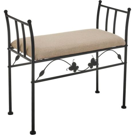Banquette en métal noir et assise rembourrée lin beige - 68x30x64cm (1/5)