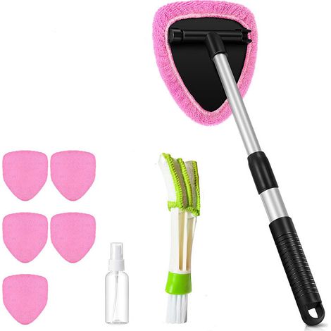 Fünfeckige Teleskop-Windschutzscheibenreinigungsbürste, 6 rosa Stoffbezüge + Sprühflasche + Detailbürste, Autoglas-Reinigungsset