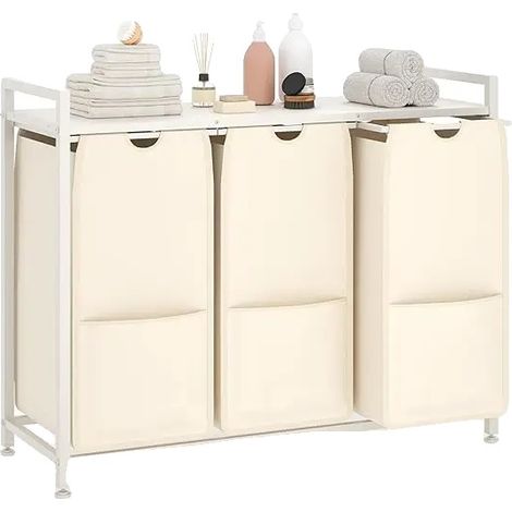 Panier à linge, sacs en tissu durable, dessus en bois robuste, 3compartiments WH (1/2)