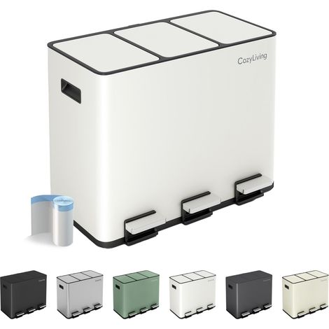 Premium Stainless Steel Triple  Compartment Pedal Bin 15L+15L+15L WHITE